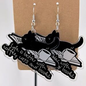 Cat “Life Is Better With Coffee, Cats, and Books”Dangle Earrings 2D Acrylic